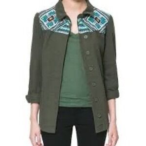 Zara Trafaluc TRF Embroidered Utility Jacket Army Green Boho Military XS